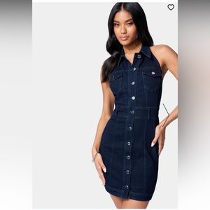 Halter Neck Button Up Denim Dress